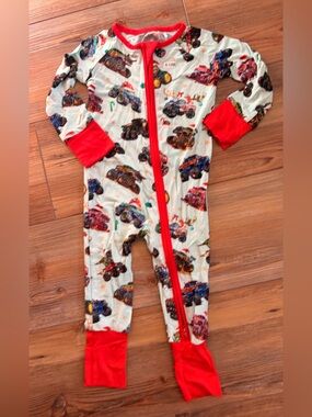 Monster Truck Print Kids Bamboo Zipper One-Piece Pajama - Christmas Theme